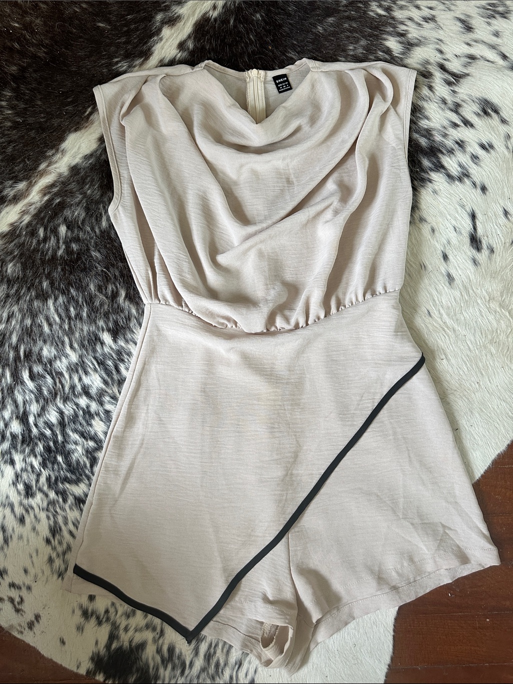 Shein Blush Cream Draped Neck Romper With Black Trim